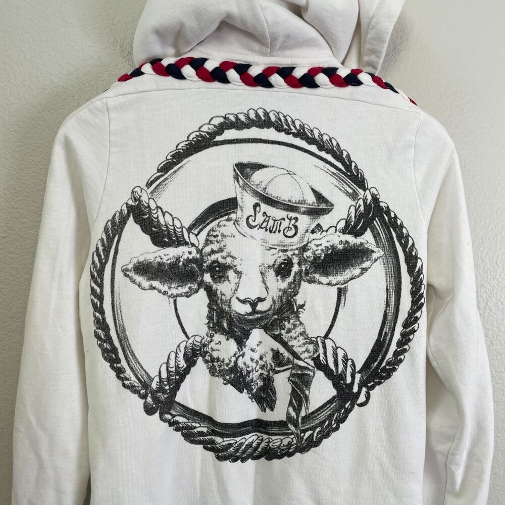 L.A.M.B. White Hoodie Jacket with Black Graphic and Red & Navy Braid Trim